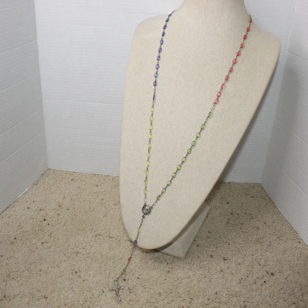 Catholic Rosary Necklace Multicolor Glass Bead Crucifix Virgin Mary Medal 23in